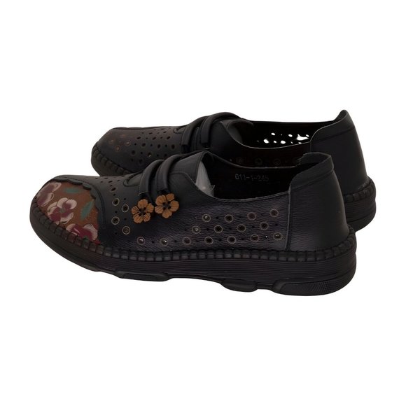 Rumour Has It Black Floral Perforated Embossed Leather Loafer Womens Size 8 - Picture 3 of 5
